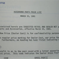 1981 RETAIL PRICE LIST w/ EXTRA PAGES: HUSKY PRODUCTS, FACTORY ACCESSORIES EXCL